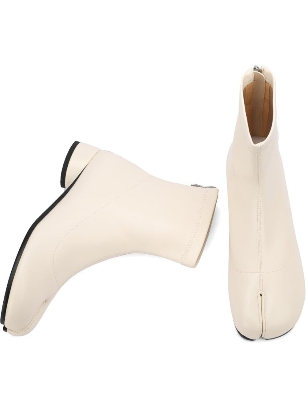 Women's Beige Leather Tabi Japanese Ninja Split Toe Low Chunky Heel Boot Shoes